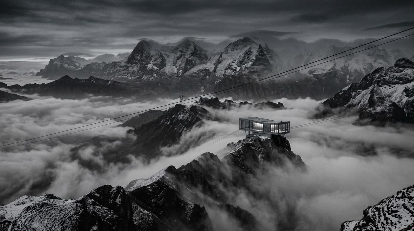 Minimalist summit observatory perched above cloudy mountain peaks