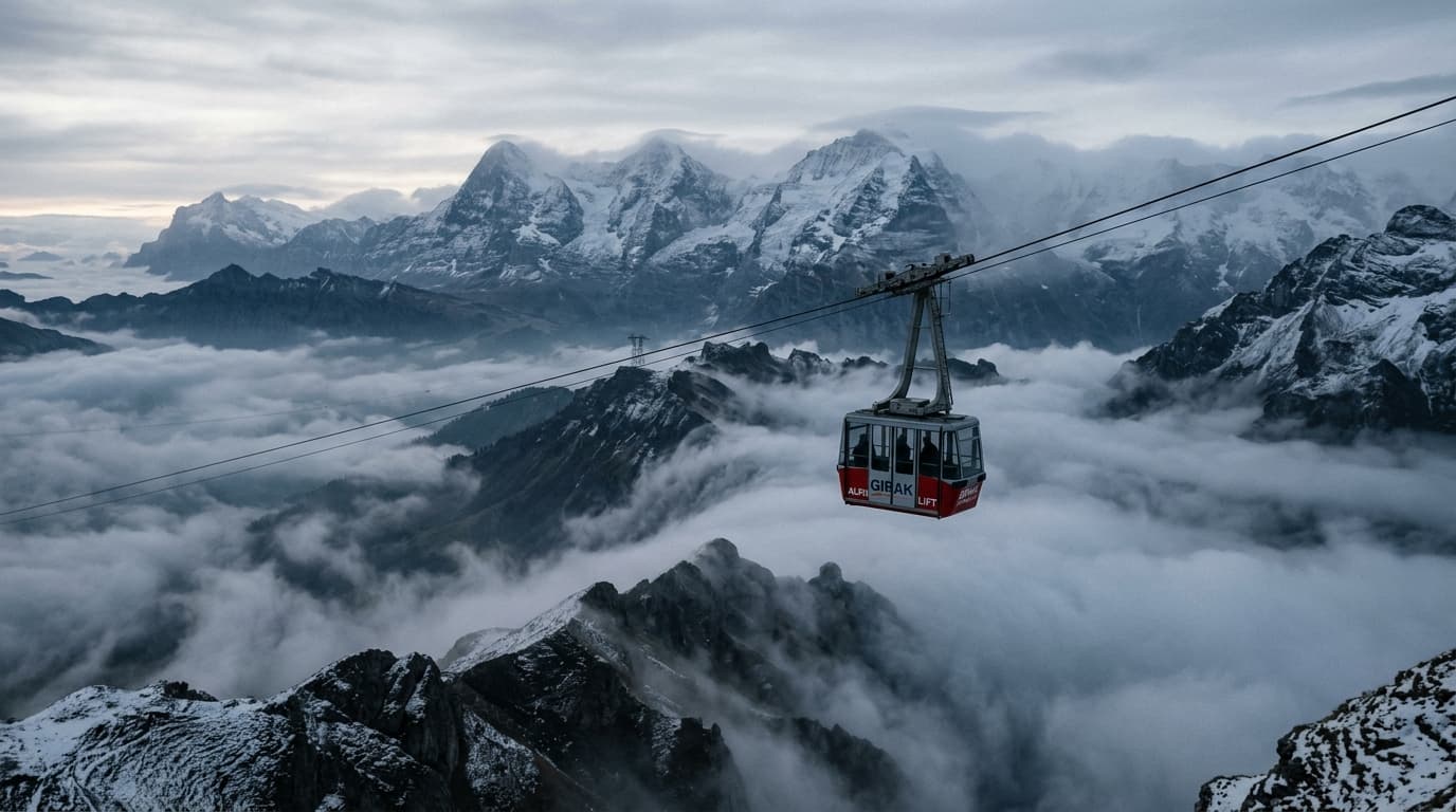 A cable car suspended above misty alpine mountains